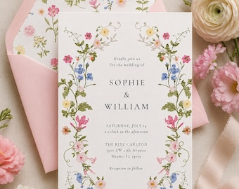 Wildflower Wedding Invitation Template, Printable Wedding Invitation, Wedding Invitation, Pastel Wildflower Invitation, Floral Wreath, ROSIE