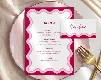 Pink Wriggly Menu Placecard Template, Instant Download Editable Menu Template, Hand Painted Shower Wedding Menu, Curves, Waves menu, EH9
