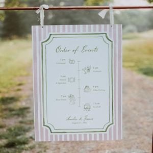 Può includere: Un cartello nuziale con sfondo a righe rosa e bianche e cornice bordata di verde. Il cartello mostra l'"Ordine degli eventi" con orari e illustrazioni per la cerimonia, la cena, il primo ballo e il taglio della torta. Sono inclusi anche i nomi "Amelia & James" e la data.