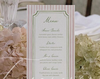 Pink Striped Wedding Menu Template, Elegant Green Border Dinner Menu, Printable Reception Menu Card, Editable Wedding Dinner Template N25
