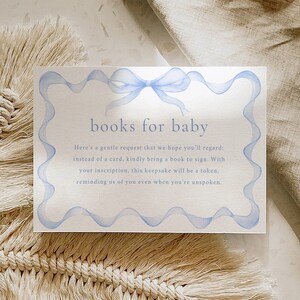 Livros para cartão de bebê, chá de bebê de menino, inserção de solicitação de livro, chá de bebê com laço azul, chá de bebê azul, cartão de livros para bebê, LAUREN