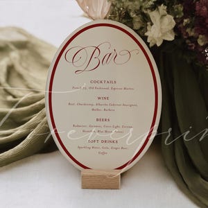 Oval Bar Menu Template, Editable Canva Wedding Bar Sign, Burgundy Wedding Drinks Menu, Elegant Reception Sign, Printable Bar Menu BG26