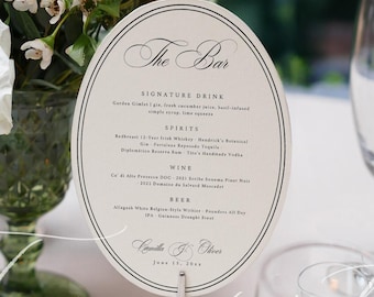Oval Bar Menu Sign Template, Wedding Bar Sign, Signature Drink & Cocktail Menu, Editable Printable Bar Menu, Modern Oval Sign SCARLETT