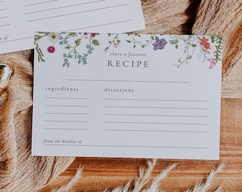 Recipe Card Template, Editable Recipe Card, Printable Recipe Card, Wildflower Floral Shower Template,  Bridal Shower Recipe Cards, WH1