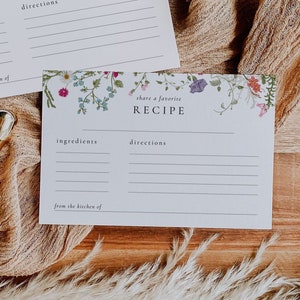 Modèle de carte de recette, carte de recette modifiable, carte de recette imprimable, modèle de douche floral fleurs sauvages, cartes de recettes de douche nuptiale, WH1