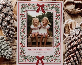 Photo Christmas Card Template, Merry Christmas Card, Bow Holiday Card,  Classic Botanical Christmas Card, Digital Christmas Template BC25