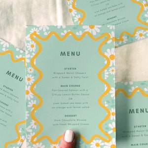 Plantilla de menú Daisy Flowers: Menú floral - Descarga instantánea - Menú de cena de verano, Tarjeta de menú floral, Menú de boda, Menú de despedida de soltera