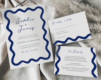 Blue Boho Wriggly Wedding Invitation & RSVP Template, Instant Download Editable Invite, Santorini Wedding Greece Destination, Canva