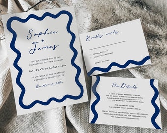 Blue Boho Wriggly Wedding Invitation & RSVP Template, Instant Download Editable Invite, Santorini Wedding Greece Destination, Canva