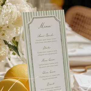 Grün gestreifte Menü Vorlage, Klassisch Elegante Hochzeit oder Brautparty, Aquarell Bearbeitbar Printable DIY, Instant Download, Tisch Dekor 021