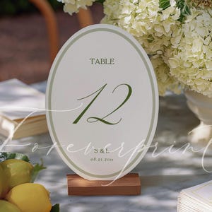 Números de mesa minimalistas verdes para bodas, tarjetas de mesa con caligrafía en marco ovalado, decoración elegante para la recepción, imprimibles GR26