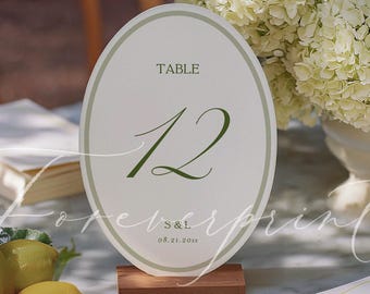 Minimalist Green Wedding Table Numbers, Oval Frame Calligraphy Table Cards, Elegant Reception Decor, Printable GR26
