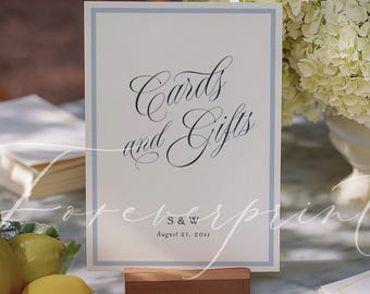 Wedding Cards and Gifts Sign Template, Elegant Script, Dusty Blue Printable Sign B26