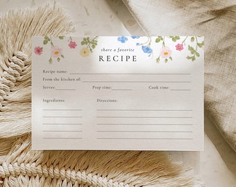 Recipe Card Template, Editable Recipe Card, Printable Recipe Card, Wildflower Floral Shower Template,  Bridal Shower Recipe Cards, ROSIE