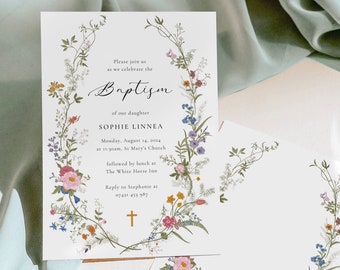 Plantilla de invitación de bautismo, descarga instantánea, invitación de bautismo imprimible, invitación editable, bautismo de flores silvestres, invitación de bautismo