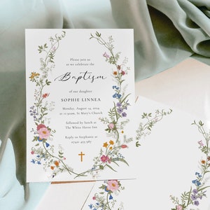 Baptism Invitation Template, Instant Download, Printable Baptism Invite, Editable Invitation, Wildflower Baptism, Baptism Invitation