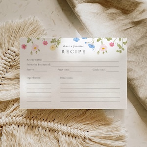 Modèle de carte de recette, carte de recette modifiable, carte de recette imprimable, modèle de douche floral fleurs sauvages, cartes de recettes de douche nuptiale, ROSIE