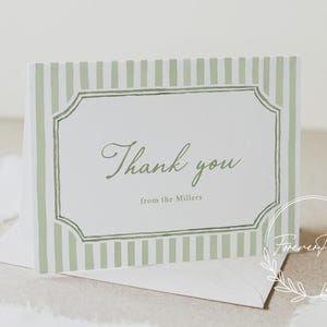 Modèle de carte de remerciement pour mariage classique vert sauge, Remerciement à rayures imprimable, style Aquarelle modifiable, téléchargement immédiat, 021