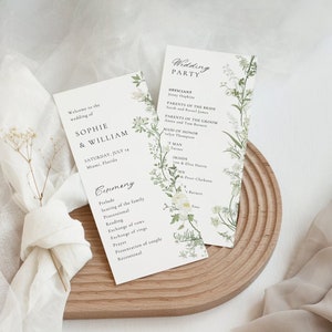 Plantilla del Programa de Flores Silvestres, Programa de Bodas de Flores Silvestres, Cronología del Día de la Boda, Programa de Bodas, Blanco y Verde l / DESCARGA INSTANTE, MK1