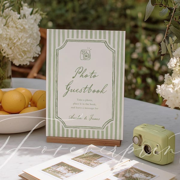 Green Striped Polaroid Guestbook Sign Template, Modern Wedding Guest Book Sign, Guestbook Sign, Printable Sign, Editable, Wedding Signs 021
