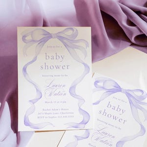 Lavendel-Babyparty-Einladungsvorlage, geschlechtsneutrale Schleifen-Einladung, bearbeitbare Baby-Bestreuung, lila Babyparty-druckbare Einladung