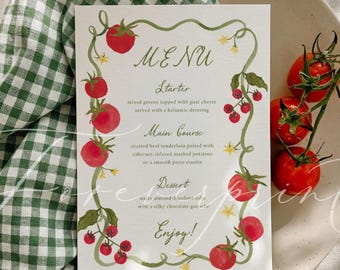 Watercolor Tomato Menu Template, Italian Dinner Menu, Tomato Vine Wedding Menu, Editable Menu Card, Mediterranean Bridal Shower Printable