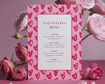 Valentines Menu Editable Template, Valentine's Day, Printable Dinner Menu Card, Valentine Dinner Party Menu with hearts, Red and Pink Menu