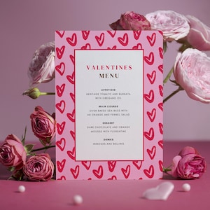 Plantilla editable de menú de San Valentín, Día de San Valentín, Tarjeta de menú de cena imprimible, Menú de cena de San Valentín con corazones, Menú rojo y rosa