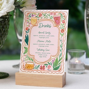 Bunte Blumen-Getränkemenü-Vorlage, handgezeichnet, druckbares Getränkeschild, bearbeitbares Barmenü, Signature-Getränkemenü, gewelltes Cocktailmenü DAGNY