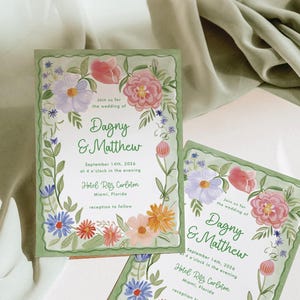 Modèle de faire-part de mariage floral coloré vert, suite de faire-part de mariage d'été, faire-part botanique lunatique, téléchargement immédiat DAGNY