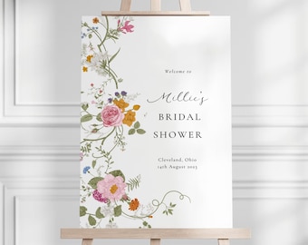 Plantilla de bienvenida de despedida de soltera de flores silvestres, cartel de bienvenida nupcial, signo de bienvenida de primavera floral, plantilla editable signo de bienvenida de flores silvestres WH1