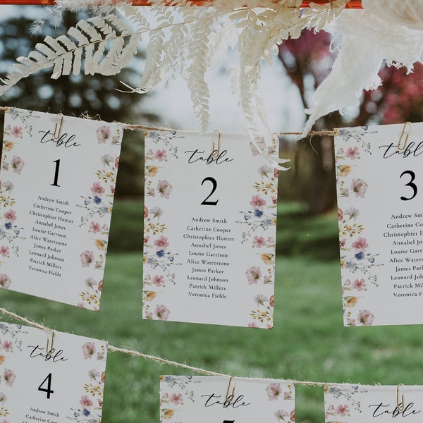 Table de mariage de fleurs sauvages et modèle de sièges, numéros de table imprimables, tableau de sièges de mariage, table de fleurs sauvages vintage, couronne florale, EH1