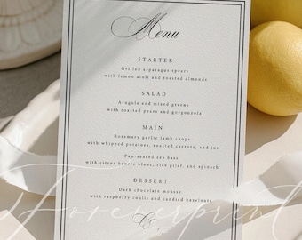 Plantilla de menú de boda elegante, menú de cena formal, menú clásico editable en blanco y negro, plantilla de Canva, menú de recepción imprimible SCARLETT