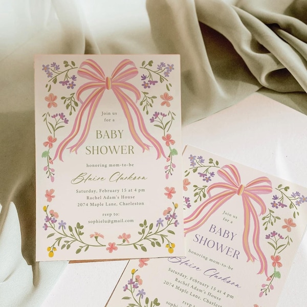 Floral Baby Shower Invitation Template, Pink Bow Editable Design, Spring Baby Shower Invite, Printable Invitation, Floral Bow Baby Girl LILA