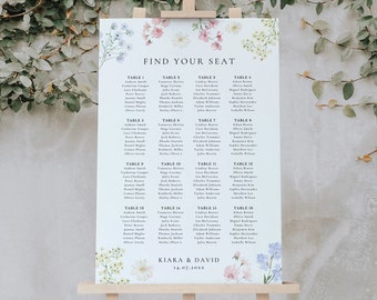 Tabla de asientos de boda de flores silvestres pastel, plan de mesa de boda imprimible, boda de jardín de plan de boda, plan de asientos, tabla de asientos florales KIARA