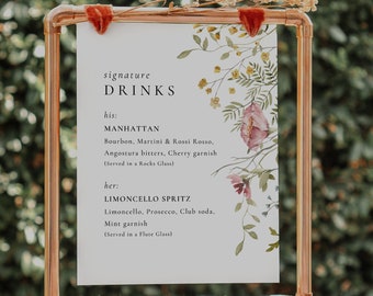 Wildflower Signature Drinks Sign, Printable Drinks Sign, Editable Bar Menu, Signature Drink Menu, Cocktail Menu, Floral Garden Wedding, EH1