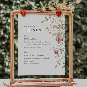 Enseigne pour boissons signature Fleurs sauvages, Enseigne pour boissons imprimable, Menu du bar modifiable, Carte des boissons exclusives, Carte des cocktails, Mariage dans un jardin fleuri, EH1