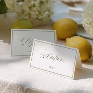 Könnte beinhalten: Zwei Tischkarten mit Namen in eleganter Schrift, eine mit der Aufschrift "Hudson" und die andere mit "Daphne", liegen auf einer weißen Tischdecke. Gelbe Zitronen und weiße Blumen sind um die Karten angeordnet. Die Karten haben einen hellgrünen Rand.