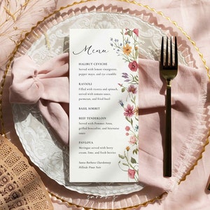 Plantilla de menú de flores silvestres, menú de despedida de soltera para fiesta en el jardín, menú de flores boho, menú de bodas, flores modernas boho, DESCARGA INSTANTÁNEA, EMMA