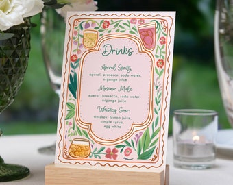 Colorful Floral Drinks Menu Template, Hand drawn, Printable Drinks Sign, Editable Bar Menu, Signature Drink Menu, Wavy Cocktail Menu DAGNY