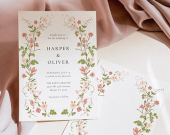 Wildflower Dusty Pink Wedding Invitation Suite, Garden Wedding, Pastel Pink Palette Wedding, Printable Wedding Invite, Editable Template,