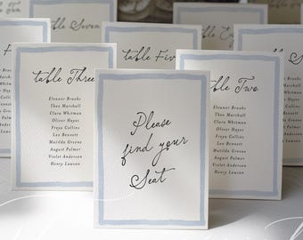 Editable Wedding Seating Cards with Blue Watercolor Border and Custom Table Names Template FR26