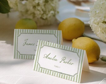 Printed Green Stripe Wedding Place Cards, Personalized Name Cards, Folded Escort Cards, Elegant Wedding Table Decor 021