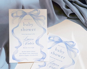 EDITABLE Blue Bow Baby Shower Invitation, Baby Shower Baby Blue Watercolor Ribbon Minimalist 1st Birthday Digital Template LAUREN