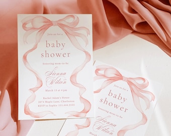 EDITABLE Pink Bow Baby Shower Invitation, Baby Shower Blush Pink Watercolor Ribbon Minimalist 1st Birthday Digital Template 012