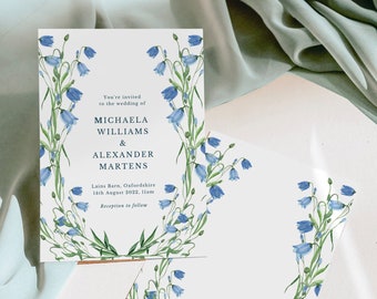 SPRING WEDDING INVITATION, Wildflower Wedding, Blue Florals, Spring Flowers, Symmetrical Flowers, Hand Drawn Florals, Garden Wedding