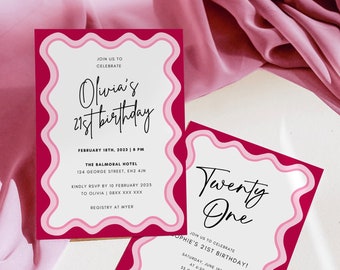 Ladies 21st Birthday Invitation Printable Pink Red Dinner Party Invite Editable Digital Download Template | Scalloped Invite | EH9
