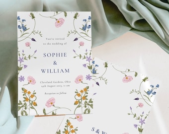 Wildflower Wedding Invitation Template, Printable Wedding Invitation, Wedding Invitation, Boho Wildflower Invitation, Floral Wreath, KK2
