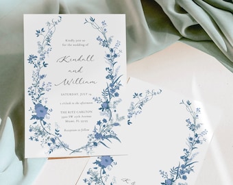 Blue Floral Wedding Invitation Template, Delft Blue Wildflowers Wedding Invite, Wildflower Wedding Invitation, Blue Garden Wedding