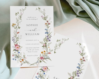 Wildflower Wedding Invitation Template, Printable Wedding Invitation, Wedding Invitation, Boho Wildflower Invitation, Floral Wreath, WH1